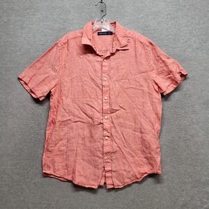 Nautica Men Button Up Shirt Large Pink Linen Short Sleeve